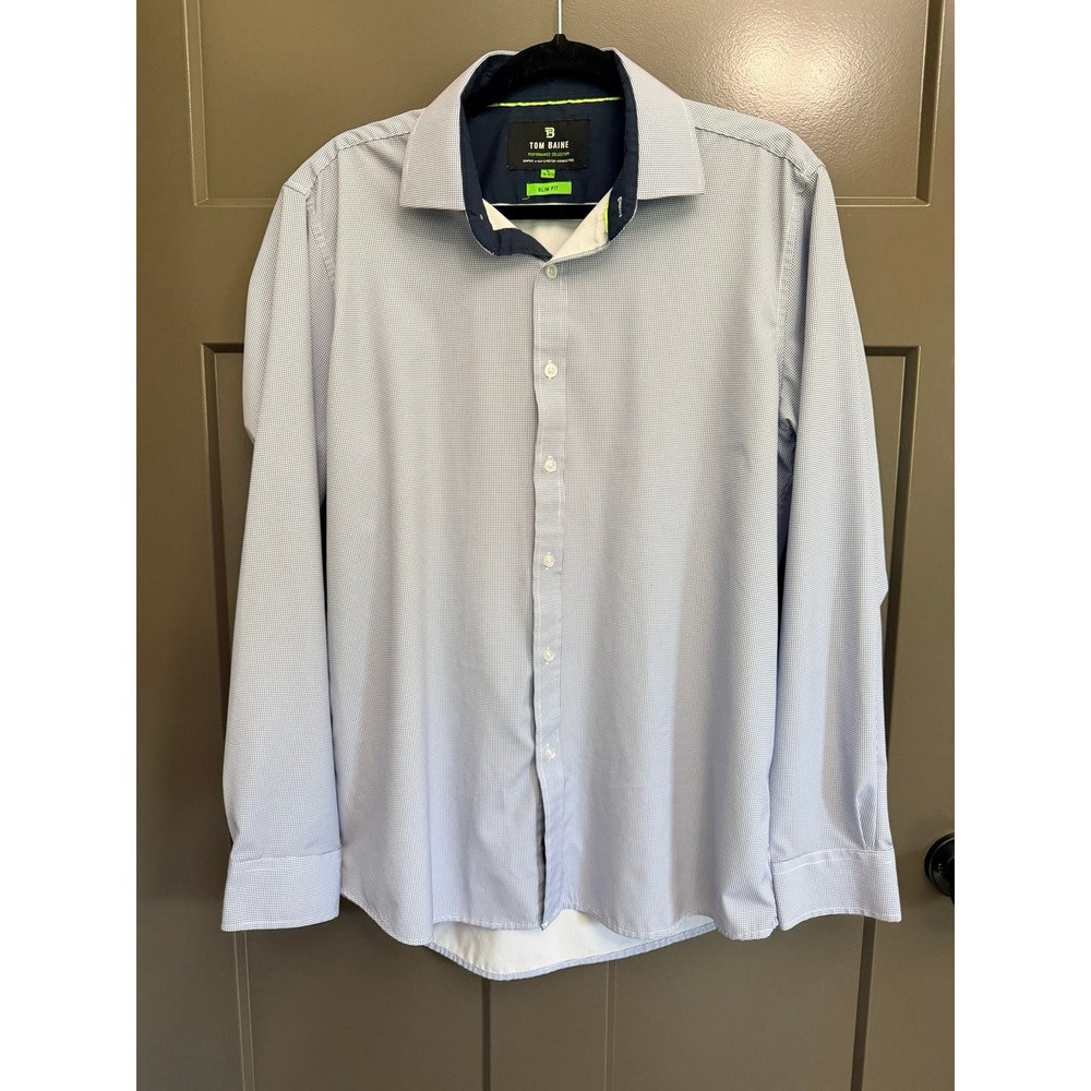 Tom Baine Slim Fit Performance Shirt Mens Lg Blue Micro Check Stretch L 16-16.5